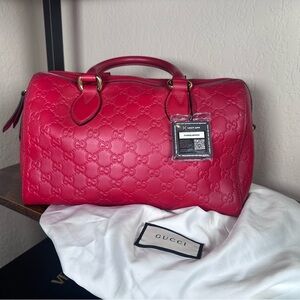 Authentic Gucci Boston Red Embossed Leather Hand Bag